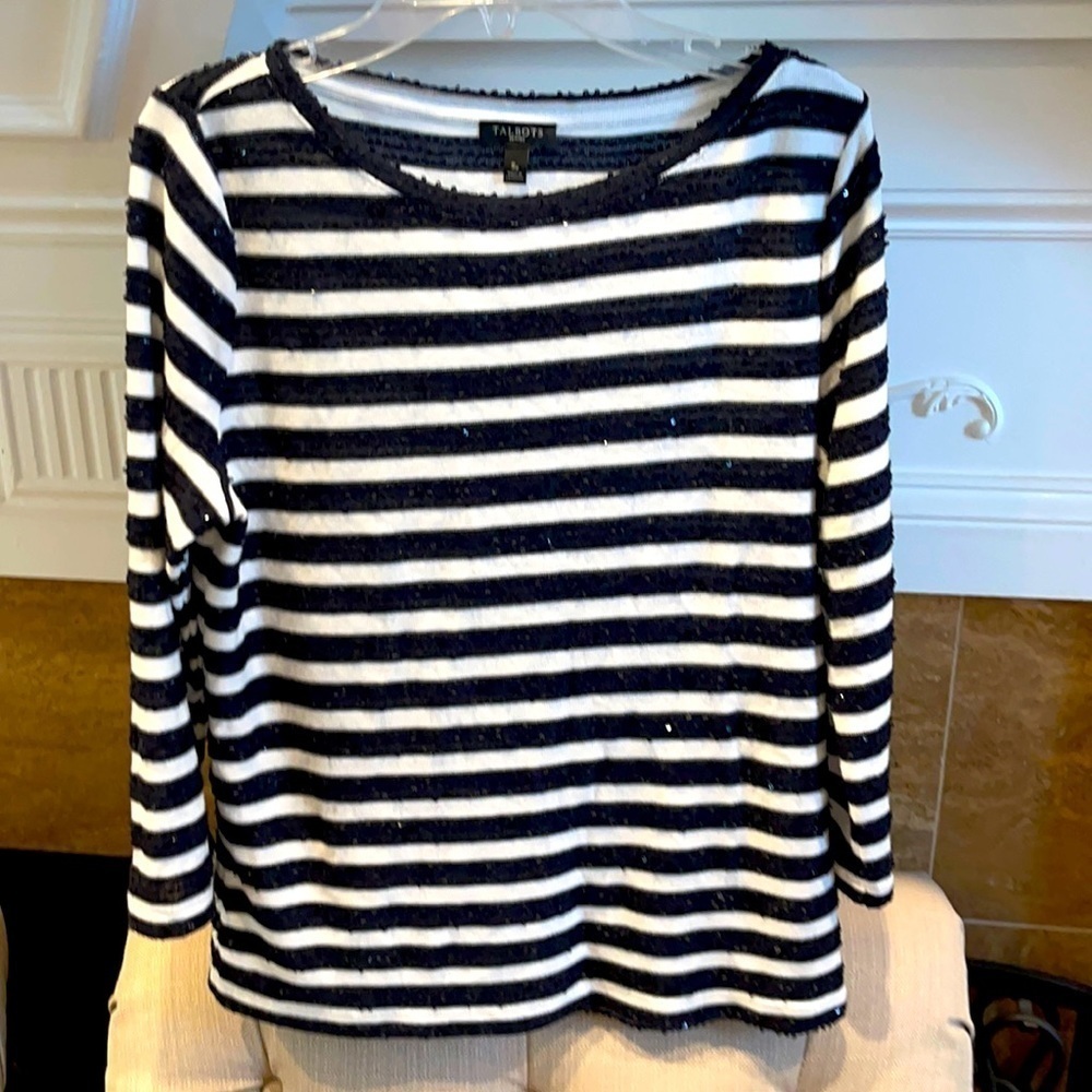 X: TALBOTS Black stripped Sequenced 3/4 Sleeve Shirt Women Small Petite